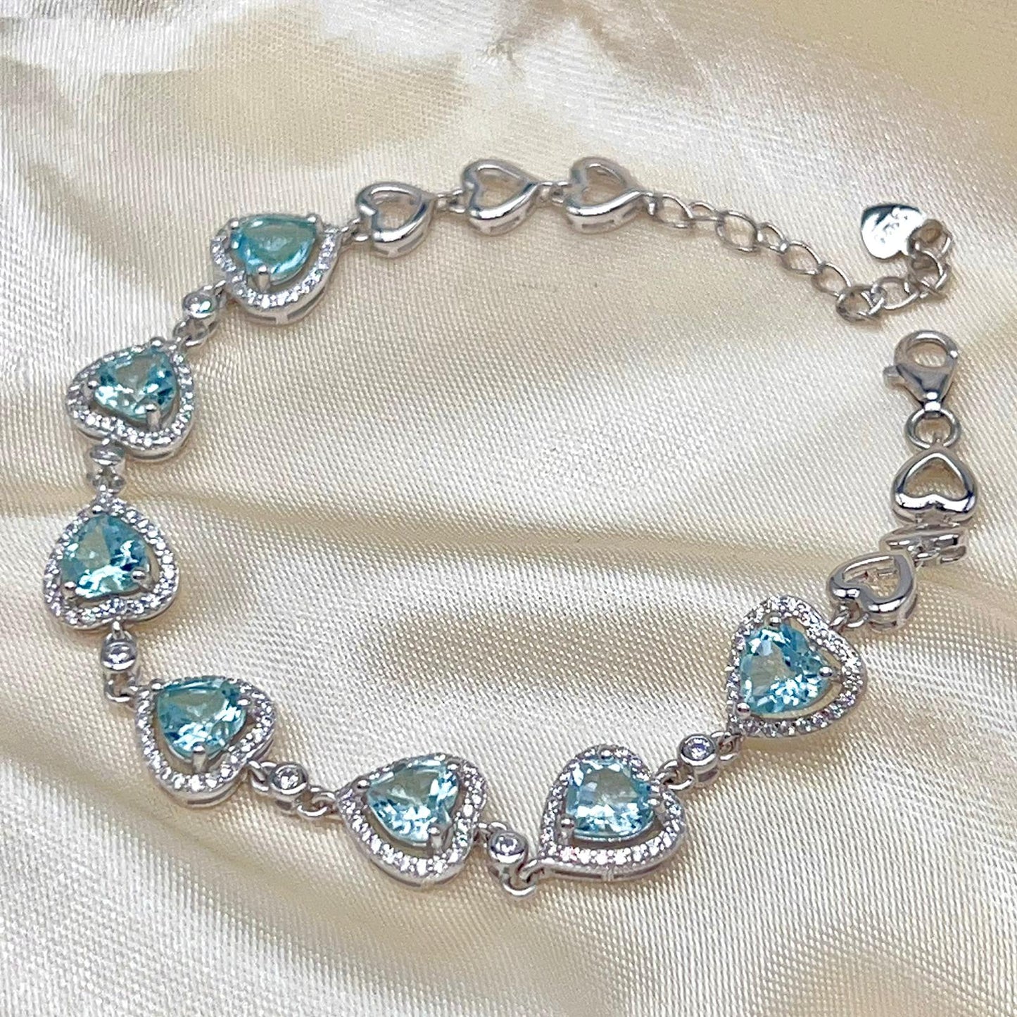 Heart Blue Topaz Halo Link Bracelet Silver 925