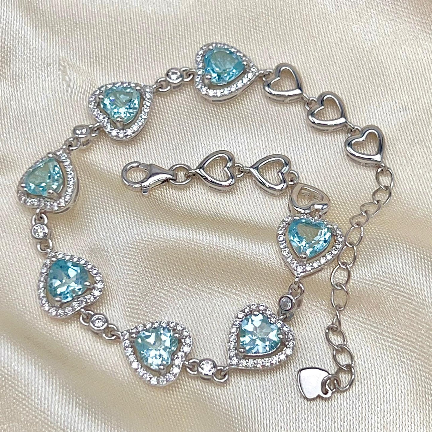 Heart Blue Topaz Halo Link Bracelet Silver 925