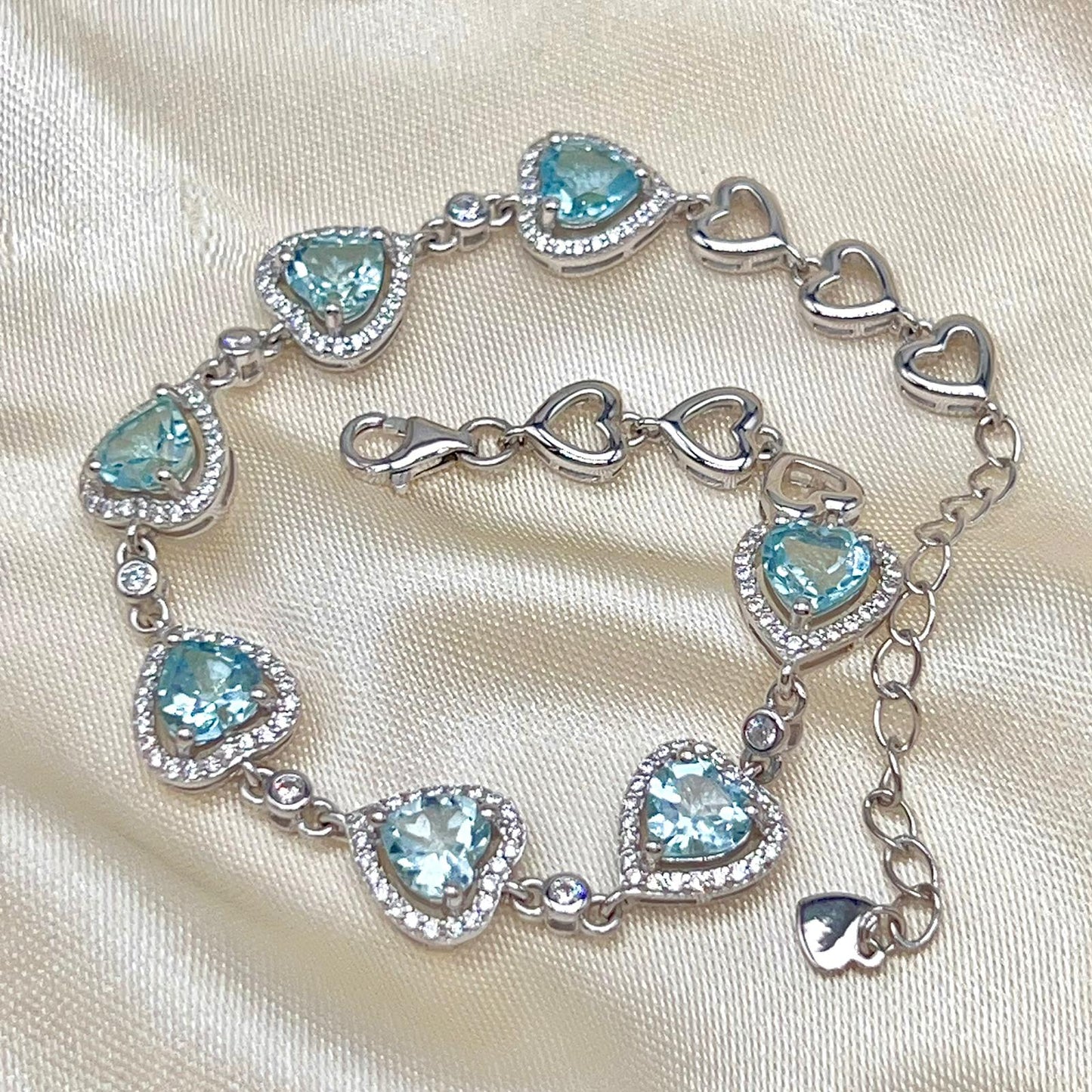 Heart Blue Topaz Halo Link Bracelet Silver 925