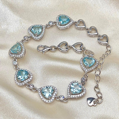 Heart Blue Topaz Halo Link Bracelet Silver 925