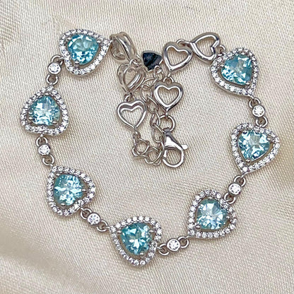 Heart Blue Topaz Halo Link Bracelet Silver 925