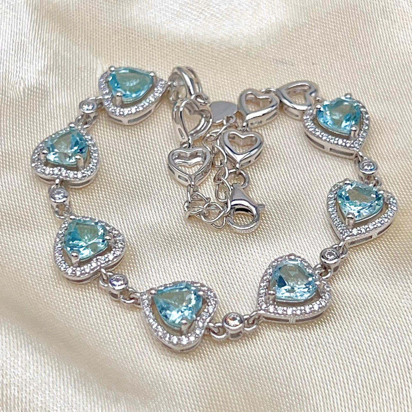 Heart Blue Topaz Halo Link Bracelet Silver 925