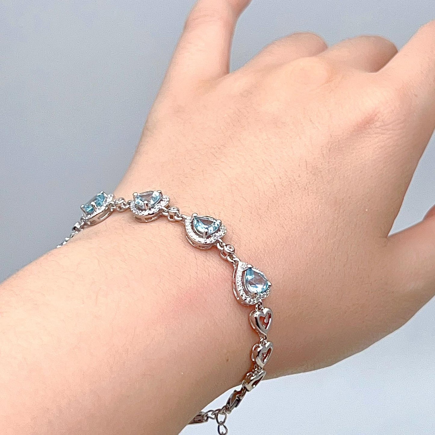Heart Blue Topaz Halo Link Bracelet Silver 925