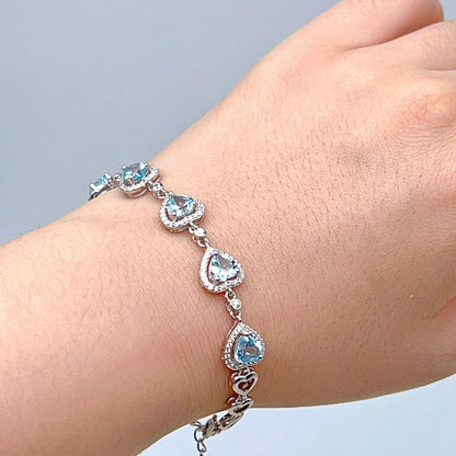 Heart Blue Topaz Halo Link Bracelet Silver 925