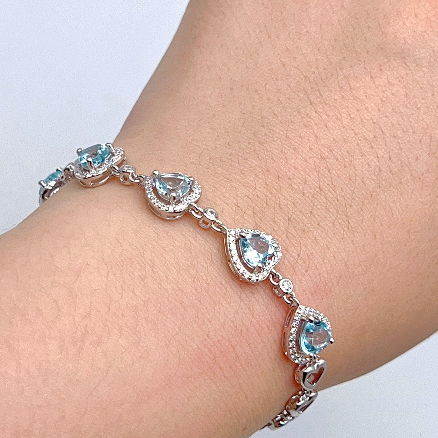 Heart Blue Topaz Halo Link Bracelet Silver 925