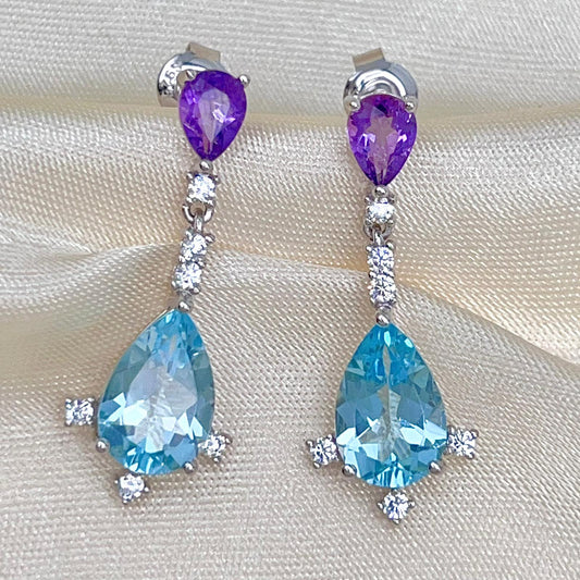 Amethyst Blue Topaz Pear Drop Earrings Silver 925