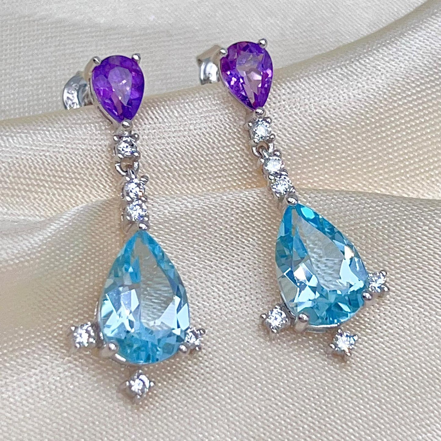 Amethyst Blue Topaz Pear Drop Earrings Silver 925