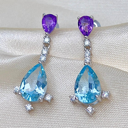 Amethyst Blue Topaz Pear Drop Earrings Silver 925