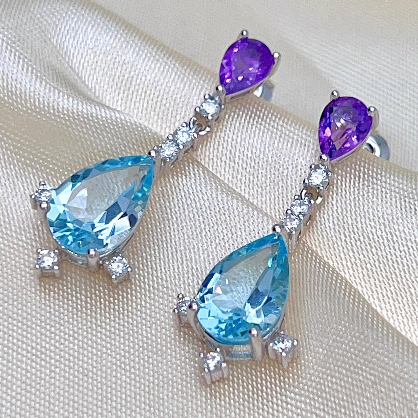 Amethyst Blue Topaz Pear Drop Earrings Silver 925