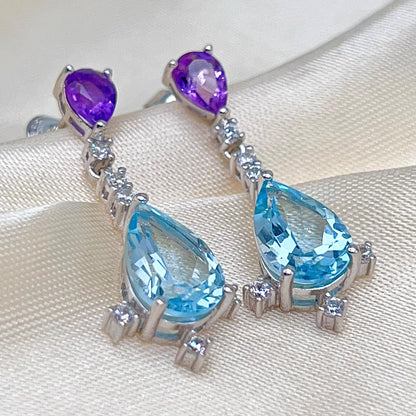 Amethyst Blue Topaz Pear Drop Earrings Silver 925
