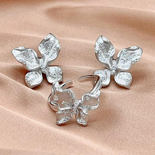 Sparkling Pavé Butterfly Stud and Ring Set in Silver 925