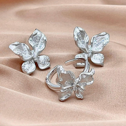 Sparkling Pavé Butterfly Stud and Ring Set in Silver 925