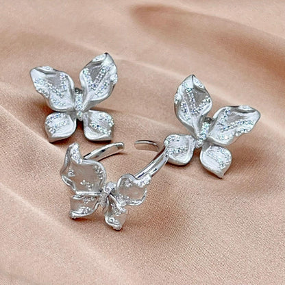 Sparkling Pavé Butterfly Stud and Ring Set in Silver 925