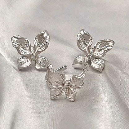 Sparkling Pavé Butterfly Stud and Ring Set in Silver 925