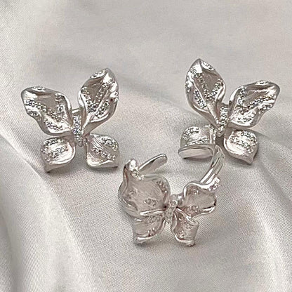 Sparkling Pavé Butterfly Stud and Ring Set in Silver 925