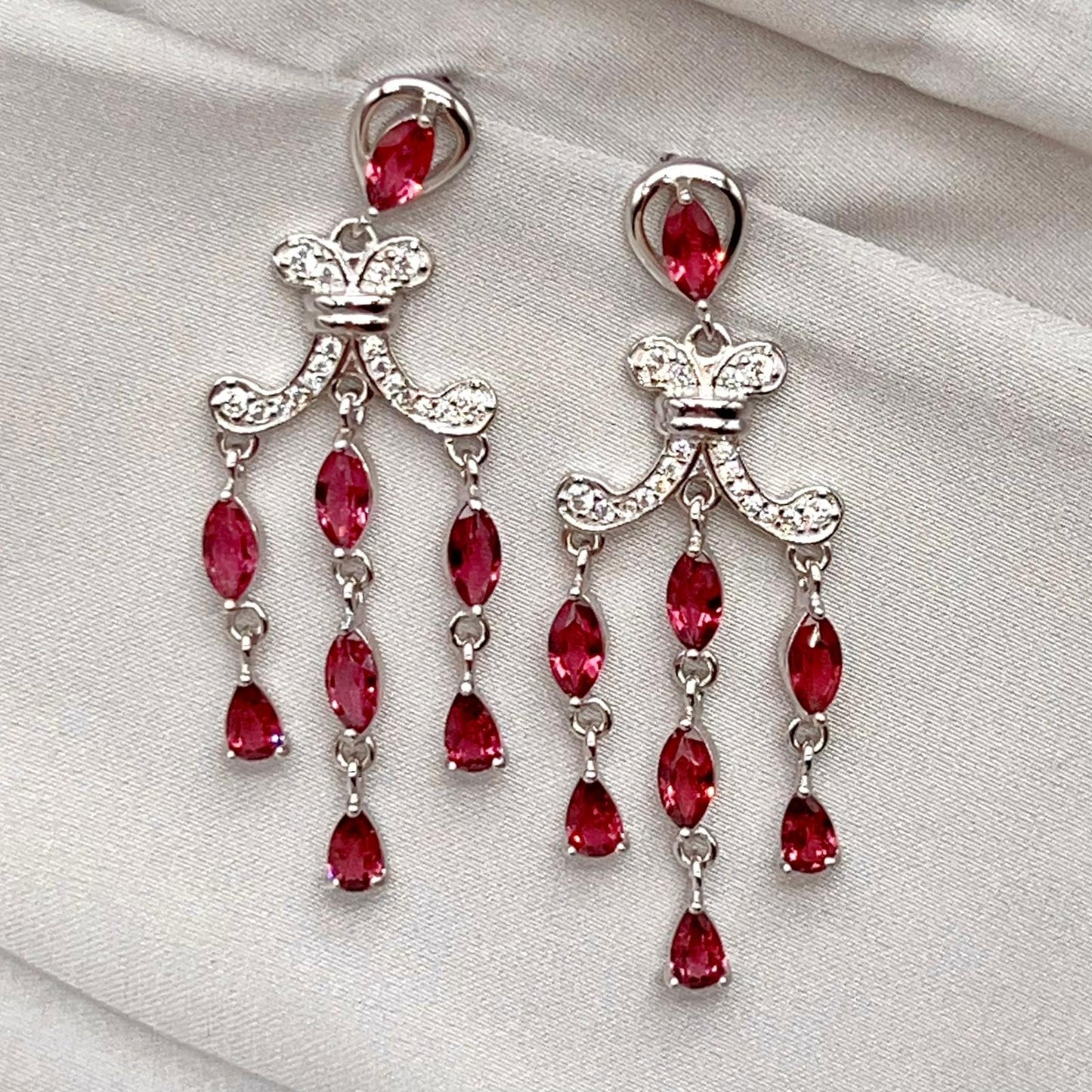 Regal Red Garnet Cluster Drop Earrings Sterling Silver