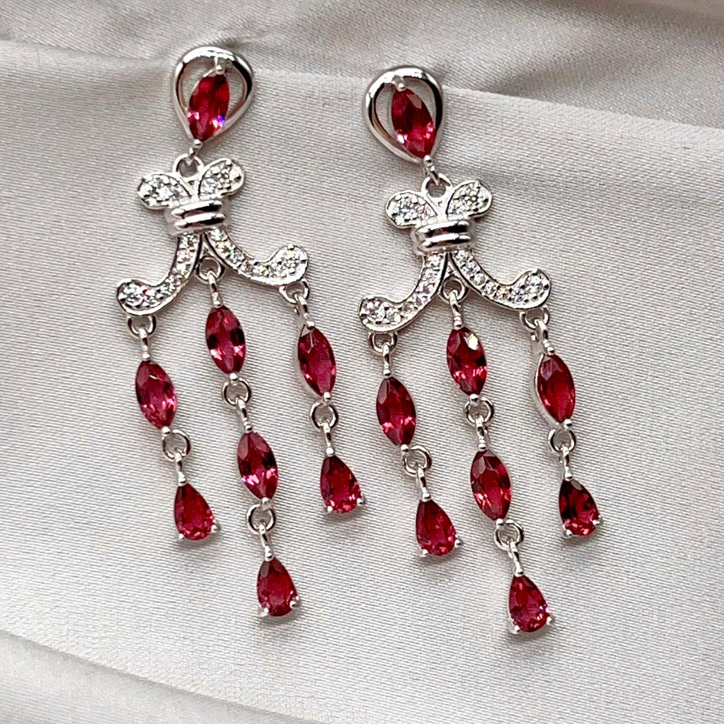 Regal Red Garnet Cluster Drop Earrings Sterling Silver