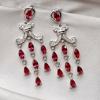 Regal Red Garnet Cluster Drop Earrings Sterling Silver