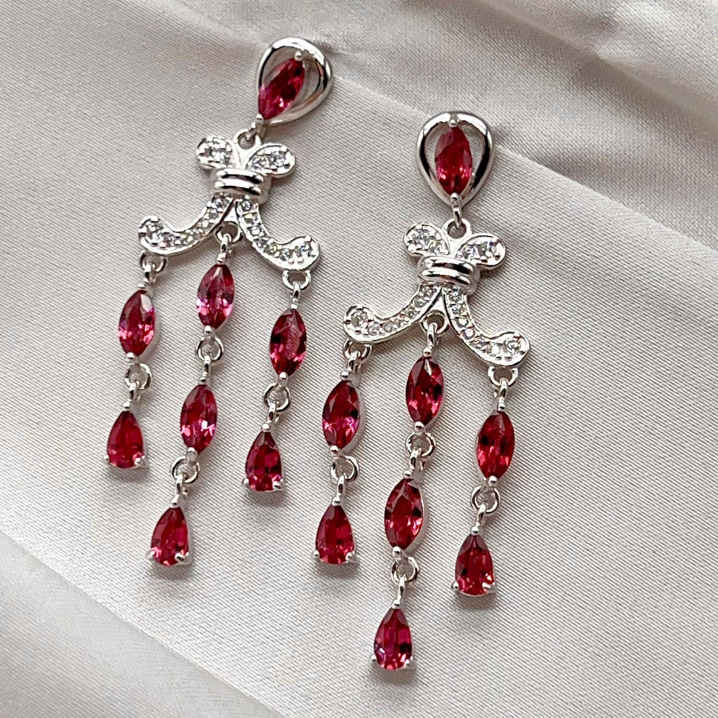 Regal Red Garnet Cluster Drop Earrings Sterling Silver