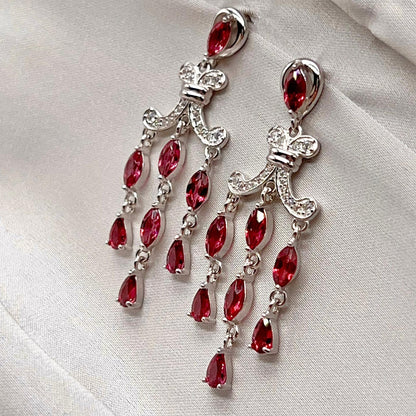 Regal Red Garnet Cluster Drop Earrings Sterling Silver