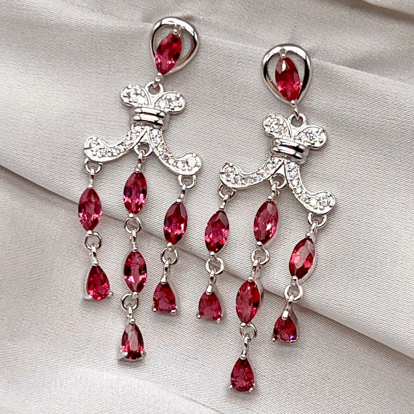 Regal Red Garnet Cluster Drop Earrings Sterling Silver
