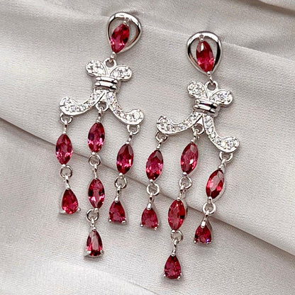 Regal Red Garnet Cluster Drop Earrings Sterling Silver