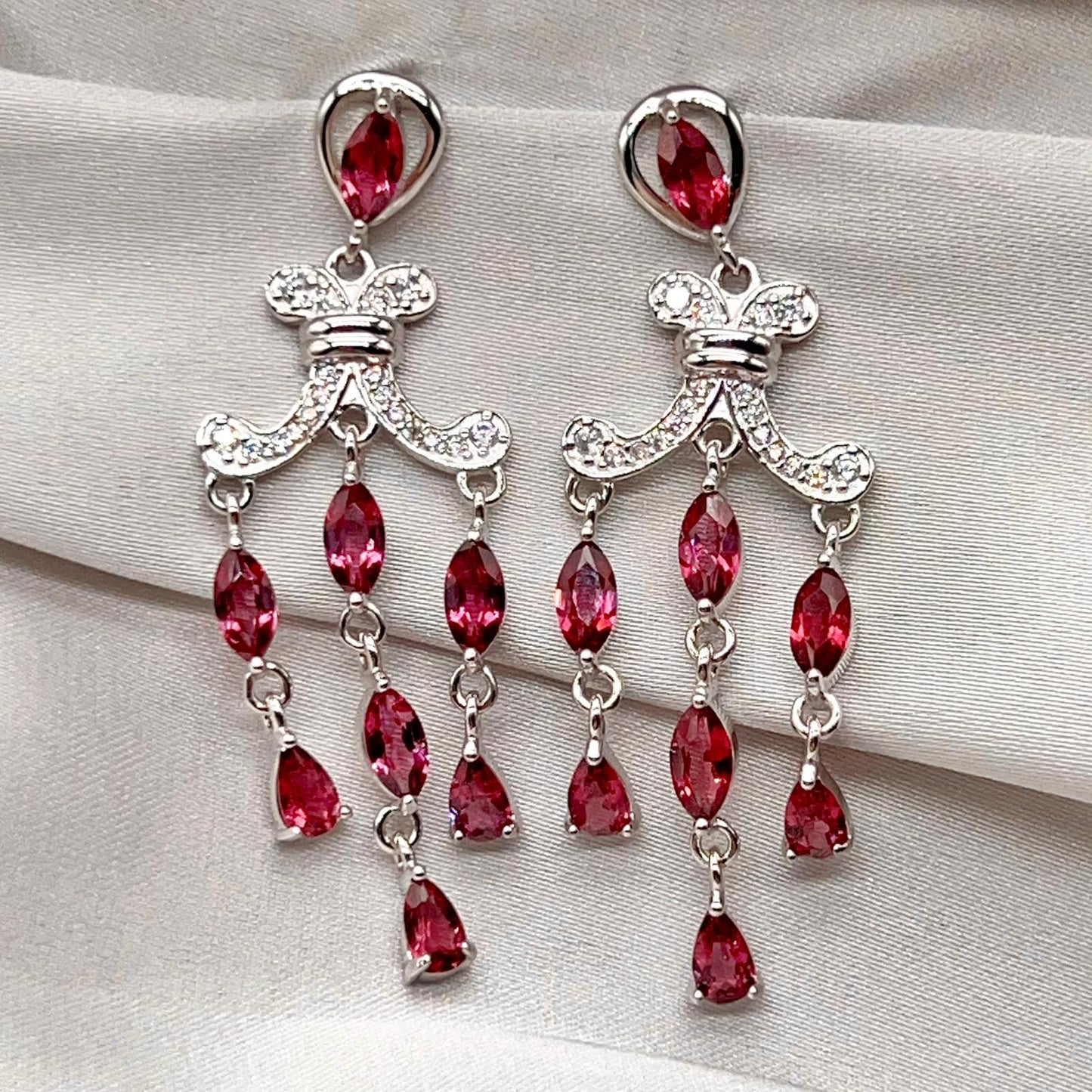 Regal Red Garnet Cluster Drop Earrings Sterling Silver