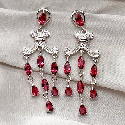 Regal Red Garnet Cluster Drop Earrings Sterling Silver