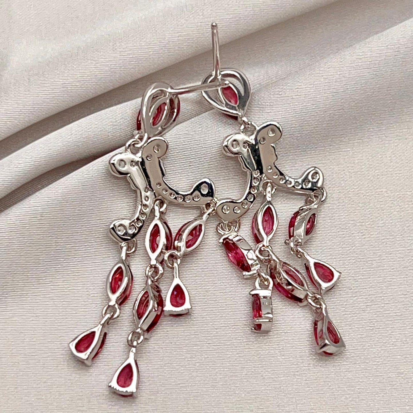 Regal Red Garnet Cluster Drop Earrings Sterling Silver