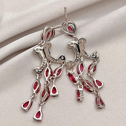 Regal Red Garnet Cluster Drop Earrings Sterling Silver