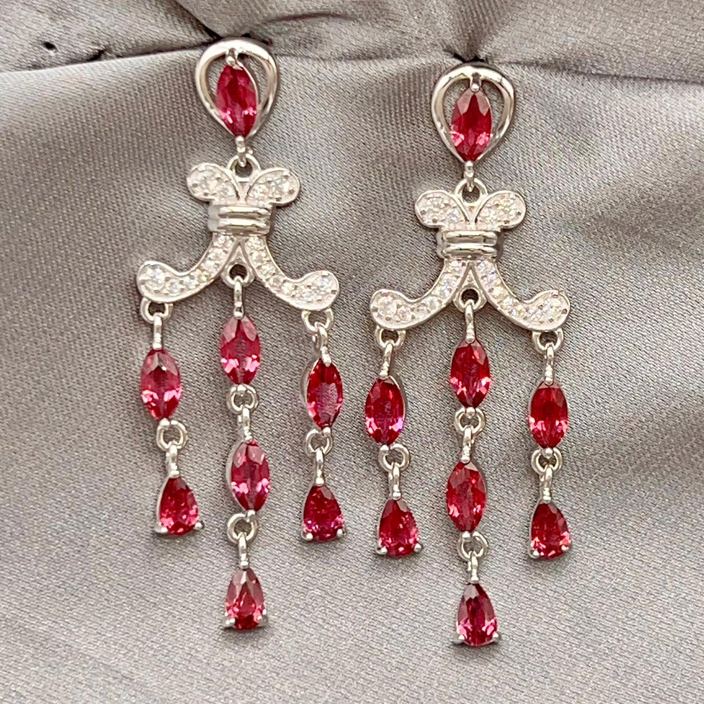Regal Red Garnet Cluster Drop Earrings Sterling Silver