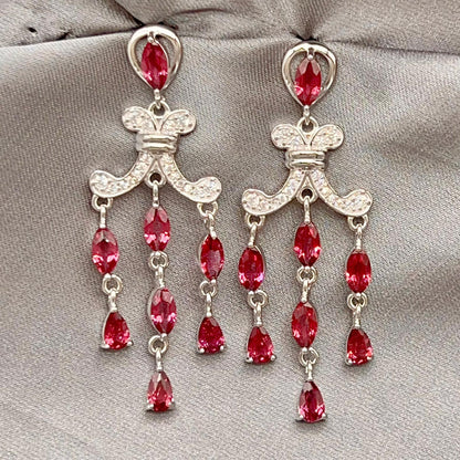 Regal Red Garnet Cluster Drop Earrings Sterling Silver