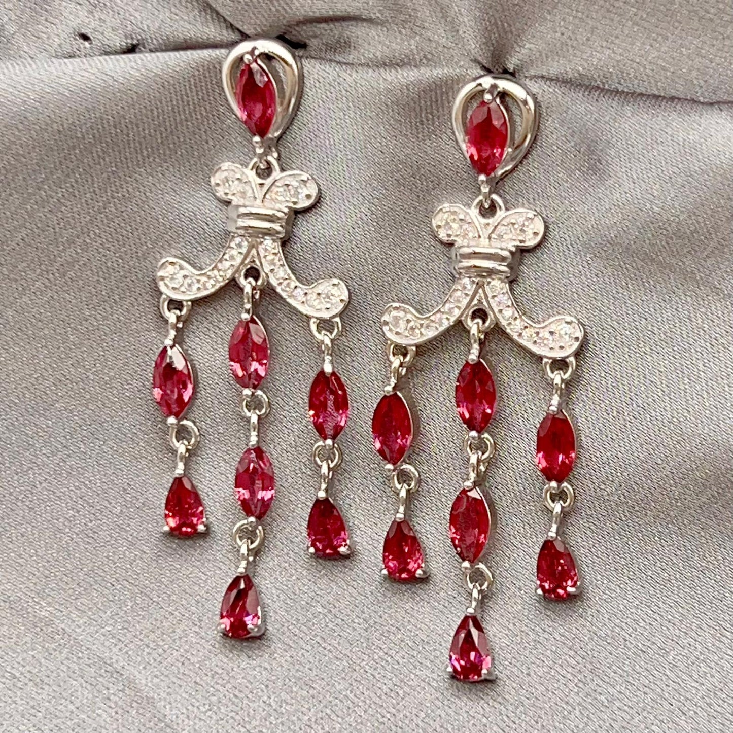 Regal Red Garnet Cluster Drop Earrings Sterling Silver