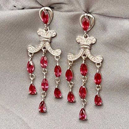 Regal Red Garnet Cluster Drop Earrings Sterling Silver