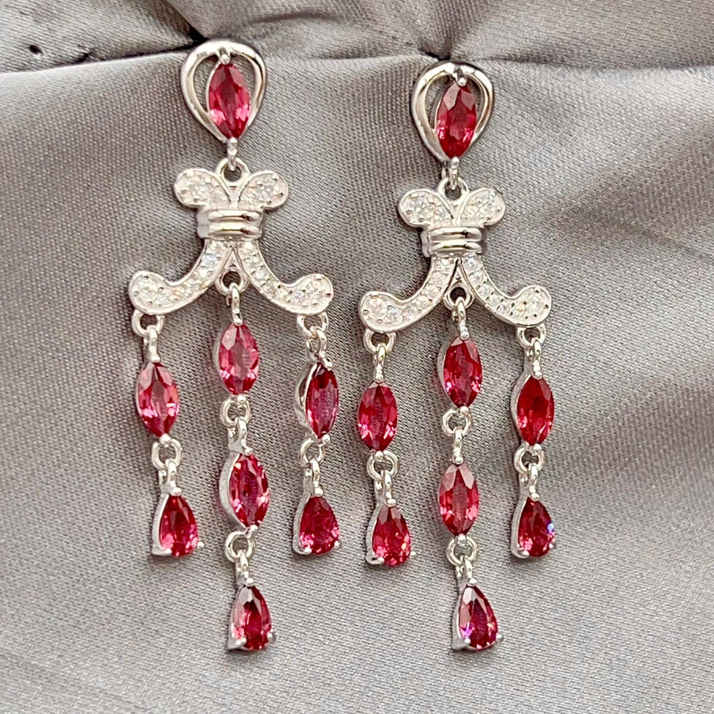 Regal Red Garnet Cluster Drop Earrings Sterling Silver