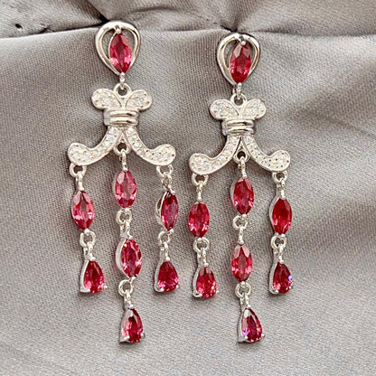 Regal Red Garnet Cluster Drop Earrings Sterling Silver