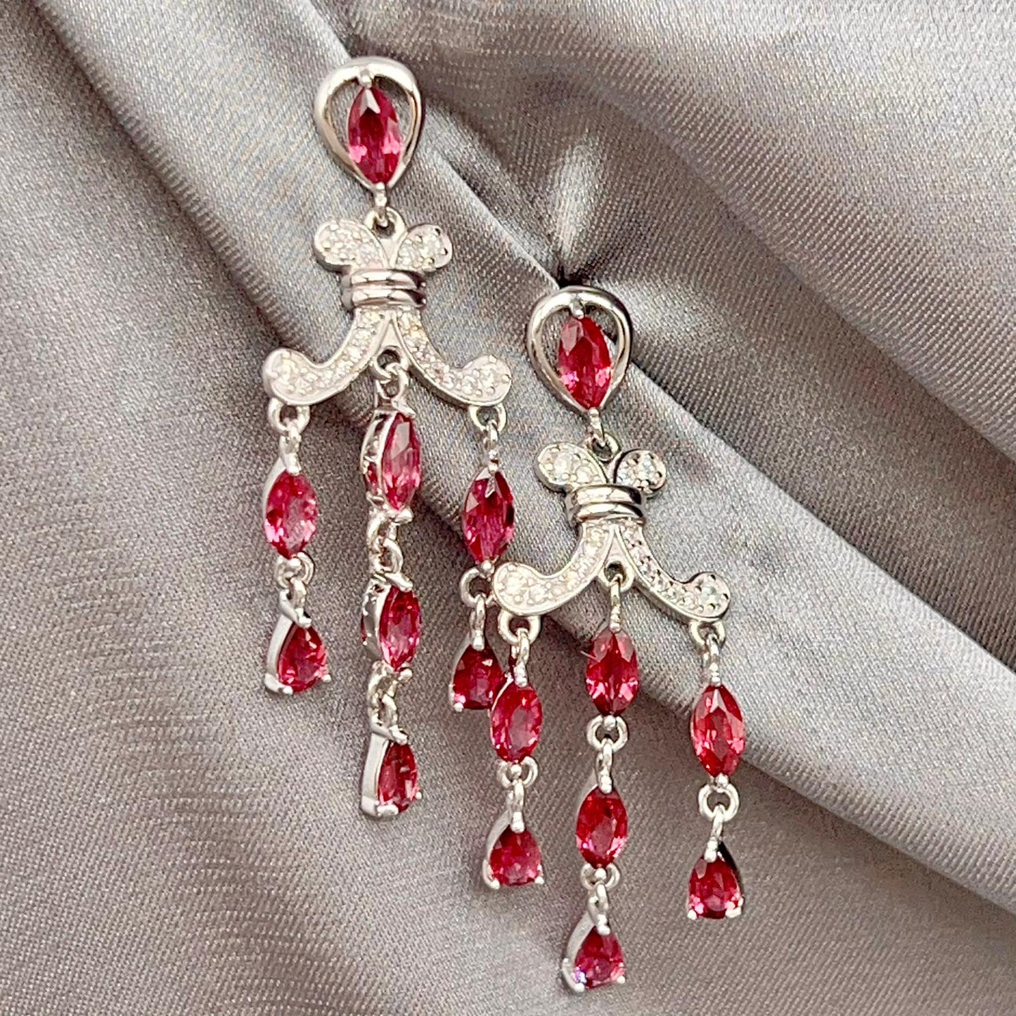 Regal Red Garnet Cluster Drop Earrings Sterling Silver