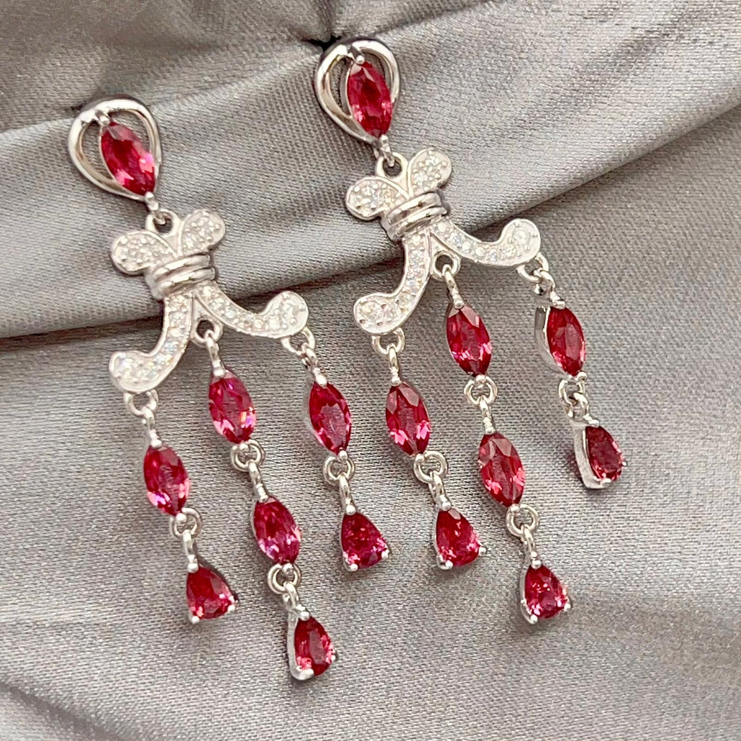 Regal Red Garnet Cluster Drop Earrings Sterling Silver
