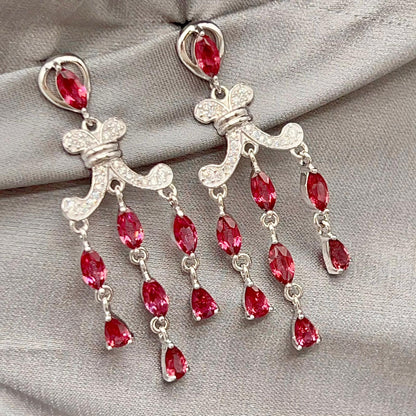 Regal Red Garnet Cluster Drop Earrings Sterling Silver