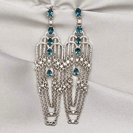 Art Deco Style Topaz and Silver Chain Dangle Earrings