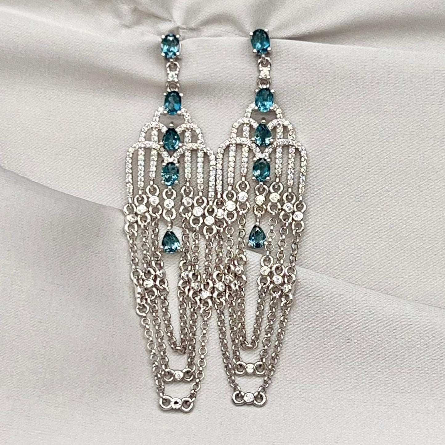 Art Deco Style Topaz and Silver Chain Dangle Earrings