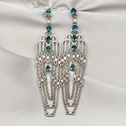 Art Deco Style Topaz and Silver Chain Dangle Earrings