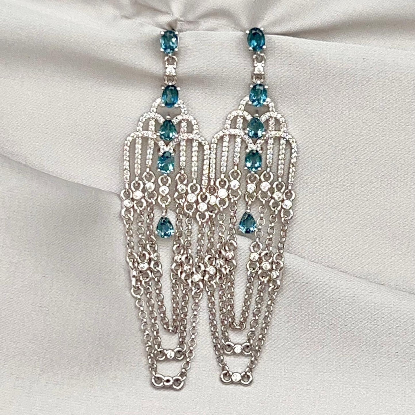 Art Deco Style Topaz and Silver Chain Dangle Earrings