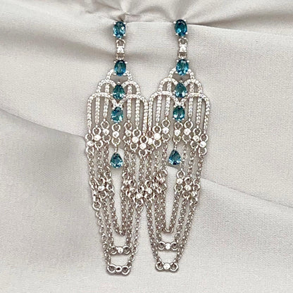 Art Deco Style Topaz and Silver Chain Dangle Earrings