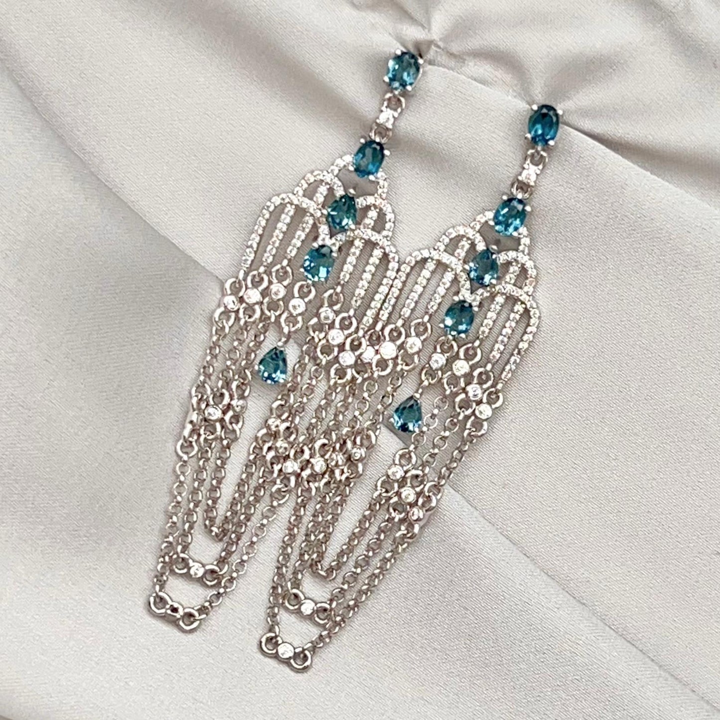 Art Deco Style Topaz and Silver Chain Dangle Earrings