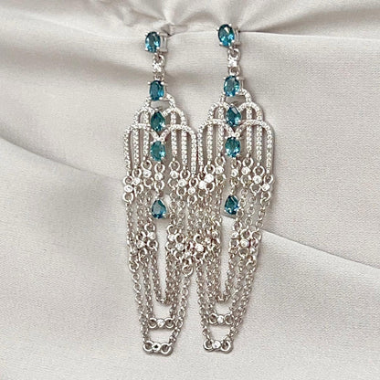 Art Deco Style Topaz and Silver Chain Dangle Earrings