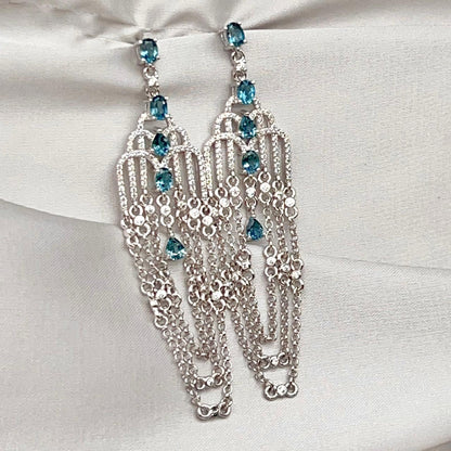 Art Deco Style Topaz and Silver Chain Dangle Earrings