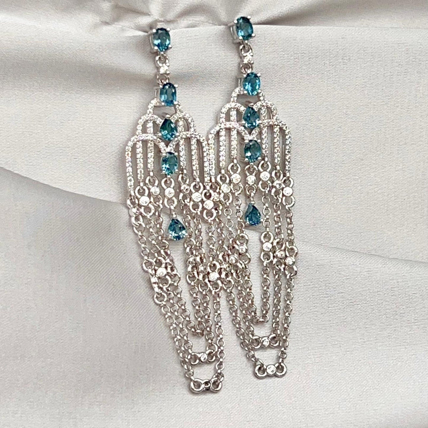 Art Deco Style Topaz and Silver Chain Dangle Earrings