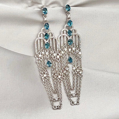 Art Deco Style Topaz and Silver Chain Dangle Earrings