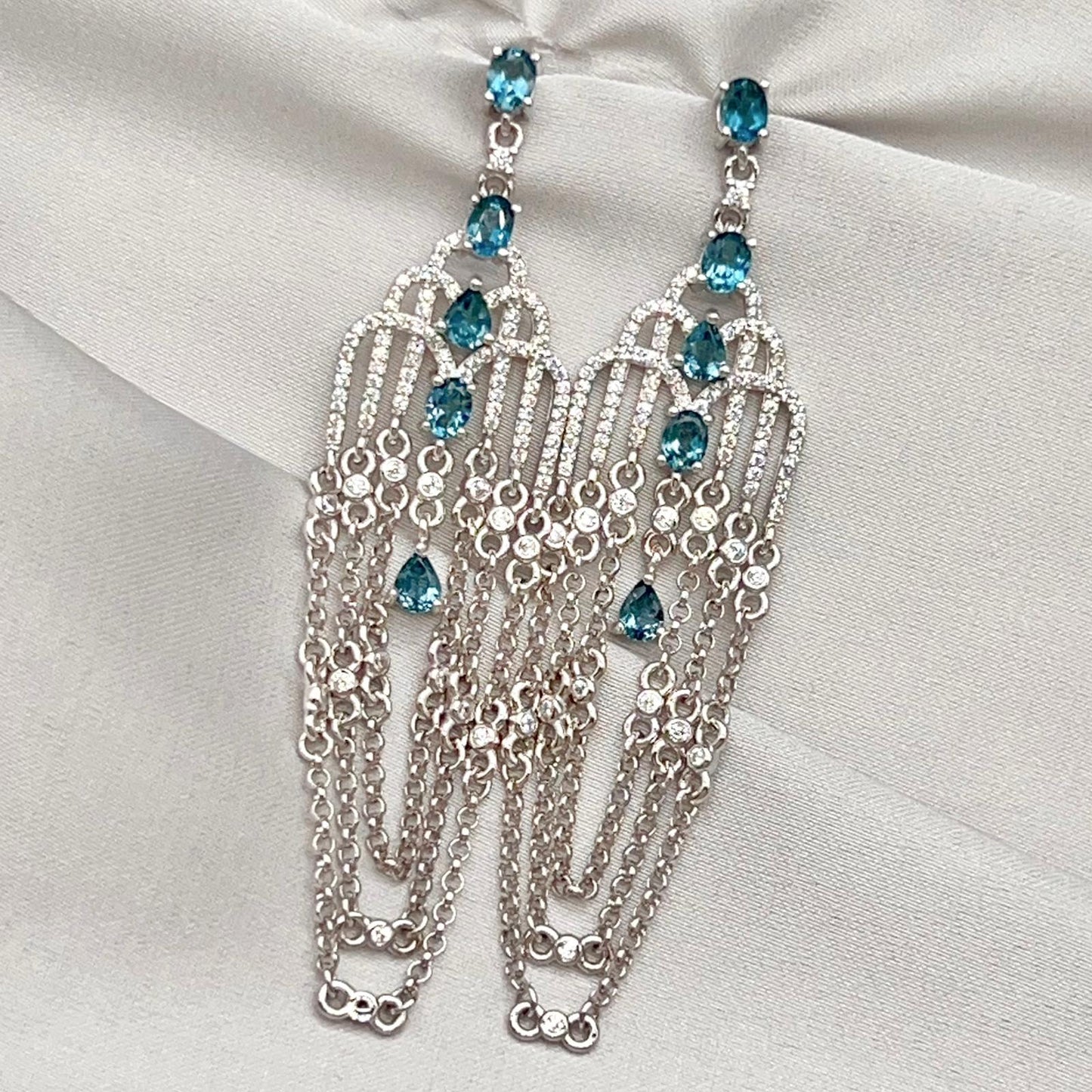 Art Deco Style Topaz and Silver Chain Dangle Earrings
